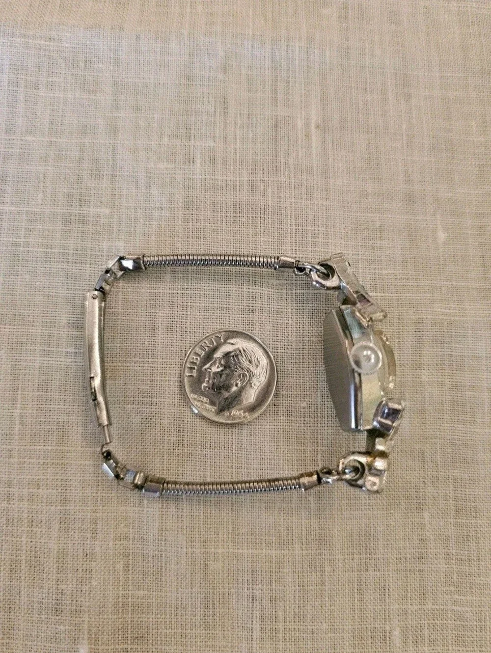 Vintage 40s Cort Art Deco Watch Rhinestone Silver Metal Band Mechanical Mvt Runs